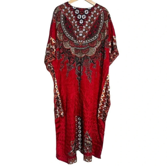 Ashro 1990’s one size red black yellow Hippie‎ boho maxi v-neck caftan dress - Picture 4 of 7